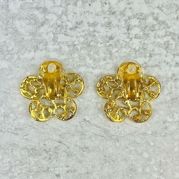 Clip-On Medium sized Gold Flower-Shaped Earrings with Diamond Accents - Picture 5 of 6